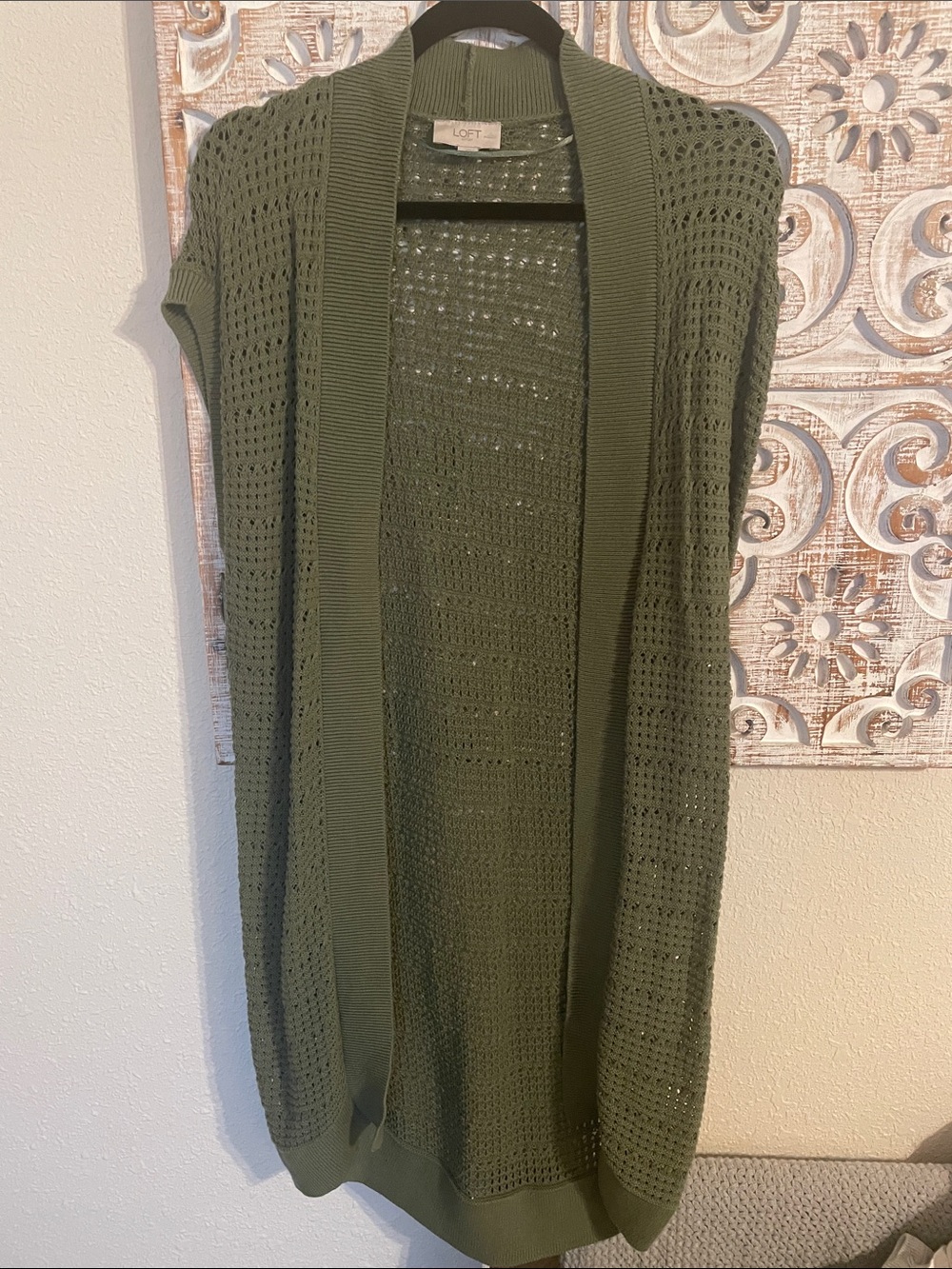 LOFT Olive Open-Knit Longline Sleeveless Cardigan